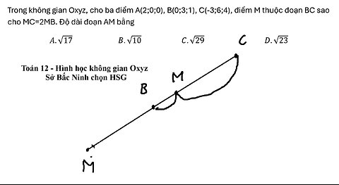 Sở Bắc Ninh chọn HSG: Trong không gian Oxyz, cho ba điểm A(2;0;0), B(0;3;1), C(-3;6;4), điểm M