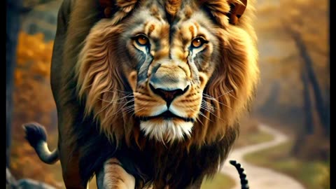 Cat and lion walk on road
