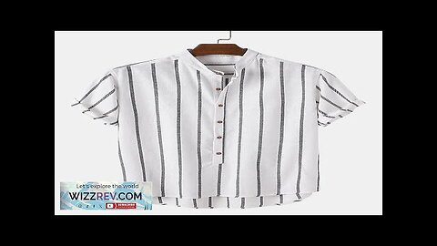 Mens Stripe Pattern Short Sleeve Button Stand Collar Shirt Navy S Review