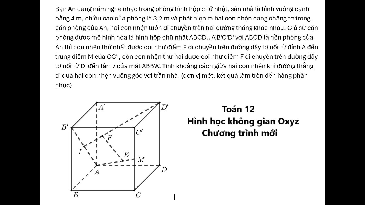 Bạn An đang nằm nghe nhạc trong phòng hình hộp chữ nhật, sản nhà là hình vuông cạnh bằng 4 m