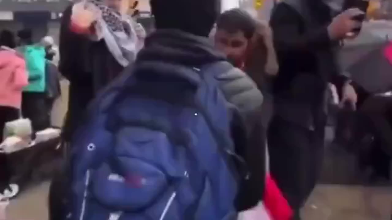 A man attempts to pass through a pro-Palestine rally with a Canadian flag and is