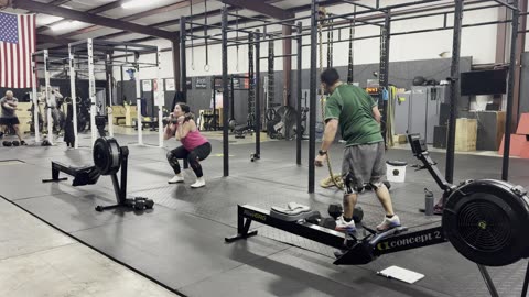 2Rds 20 Cal Row, 15DblDb HSC, 2Rds 20 Cal, 30 Db Lunges, 2Rds 20 Cal, 40 Db Snatches