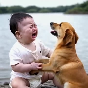The baby got separated from his mother in the wild, and the dog stayed with the baby, guarding the