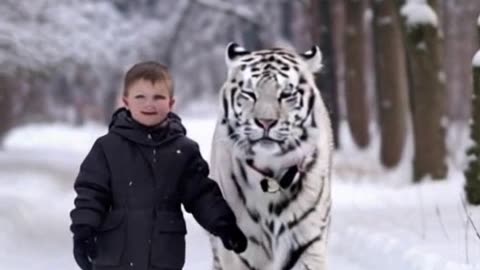 Small boy walking with a tiger in the snow!