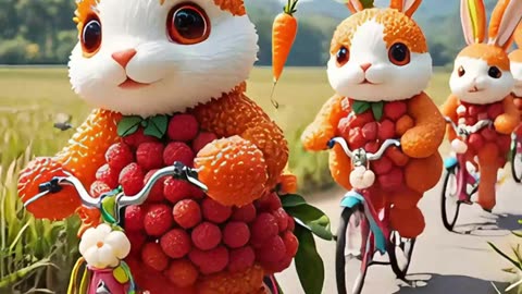 Lychee cow, lychee dog, and lychee frog ride bicycles together to relax