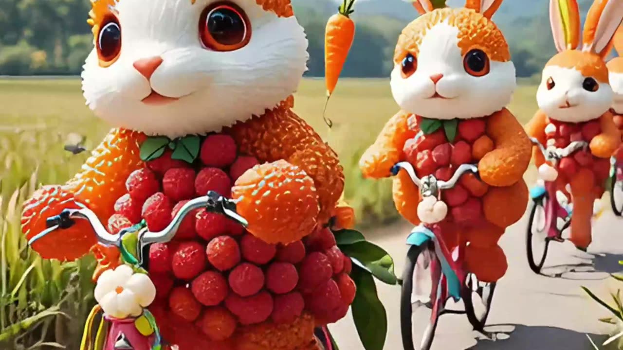 Lychee cow, lychee dog, and lychee frog ride bicycles together to relax