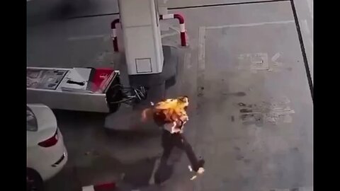 Engulfed in flames, but pulls into a gas station