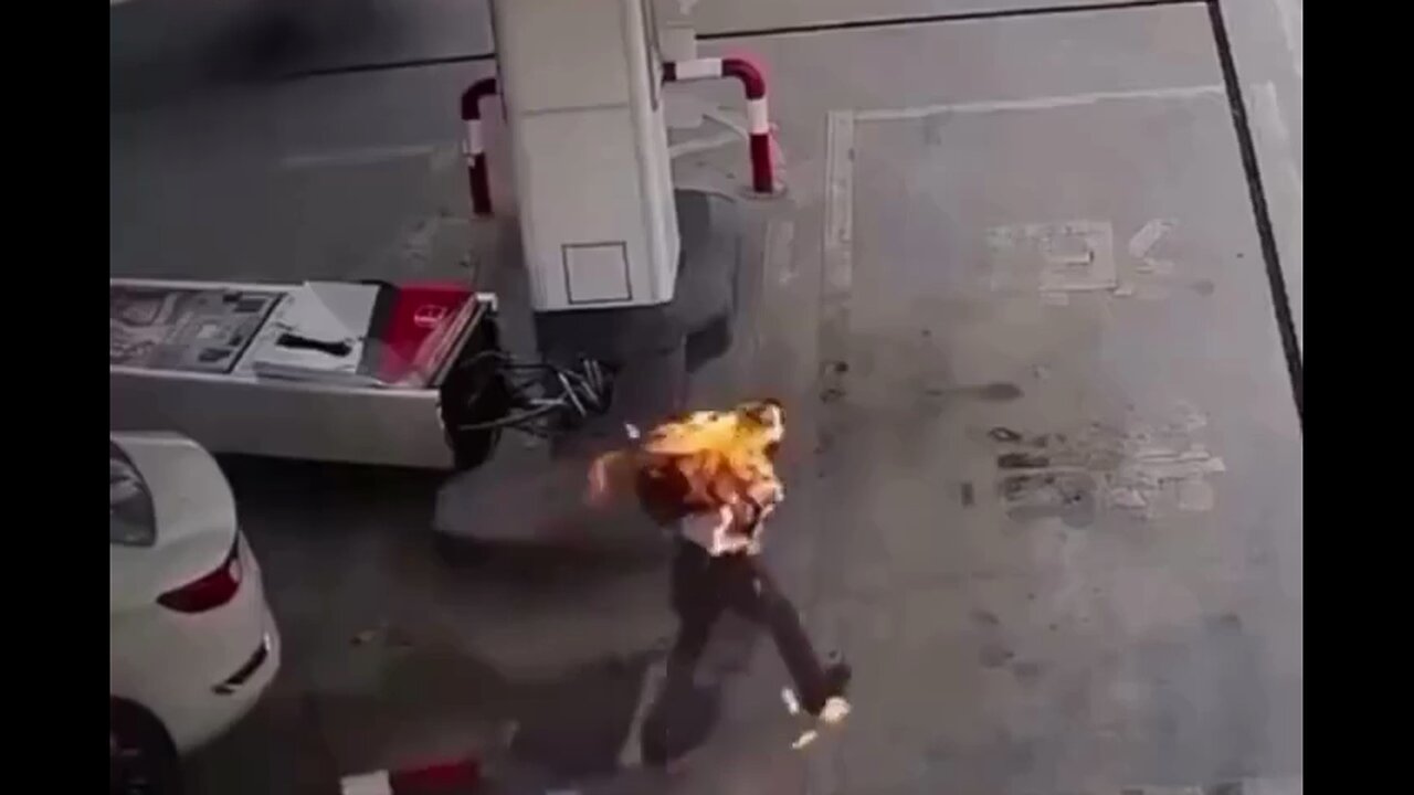 Engulfed in flames, but pulls into a gas station
