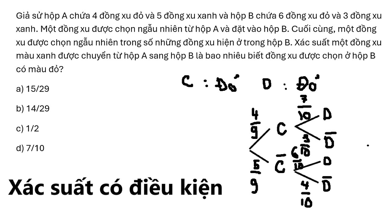 Toán 12: Giả sử hộp A chứa 4 đồng xu đỏ và 5 đồng xu xanh và hộp B chứa 6 đồng xu đỏ và 3 đồng xu