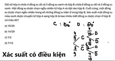 Toán 12: Giả sử hộp A chứa 4 đồng xu đỏ và 5 đồng xu xanh và hộp B chứa 6 đồng xu đỏ và 3 đồng xu