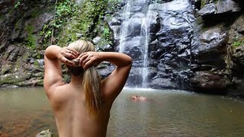 Relaxing by the waterfall and preparing a delicious lunch in the middle of nature