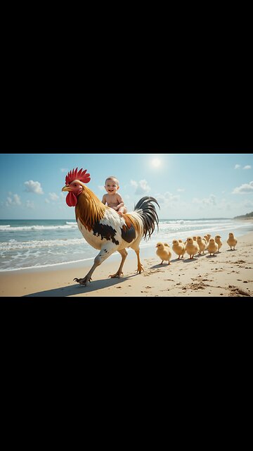 "Cuteness Overload: Baby and Rooster's Beach Adventure!"