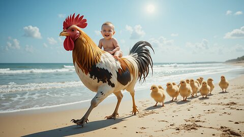 "Cuteness Overload: Baby and Rooster's Beach Adventure!"