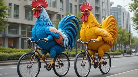 Colorful Roosters Riding Bicycle—Epic Feathered Adventure! 🐔🌈🚴‍♂️