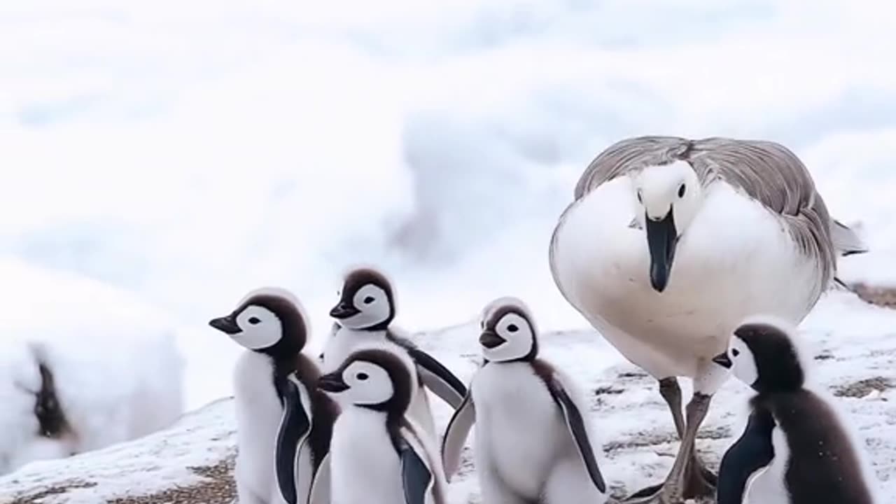 Goose babysitting penguins