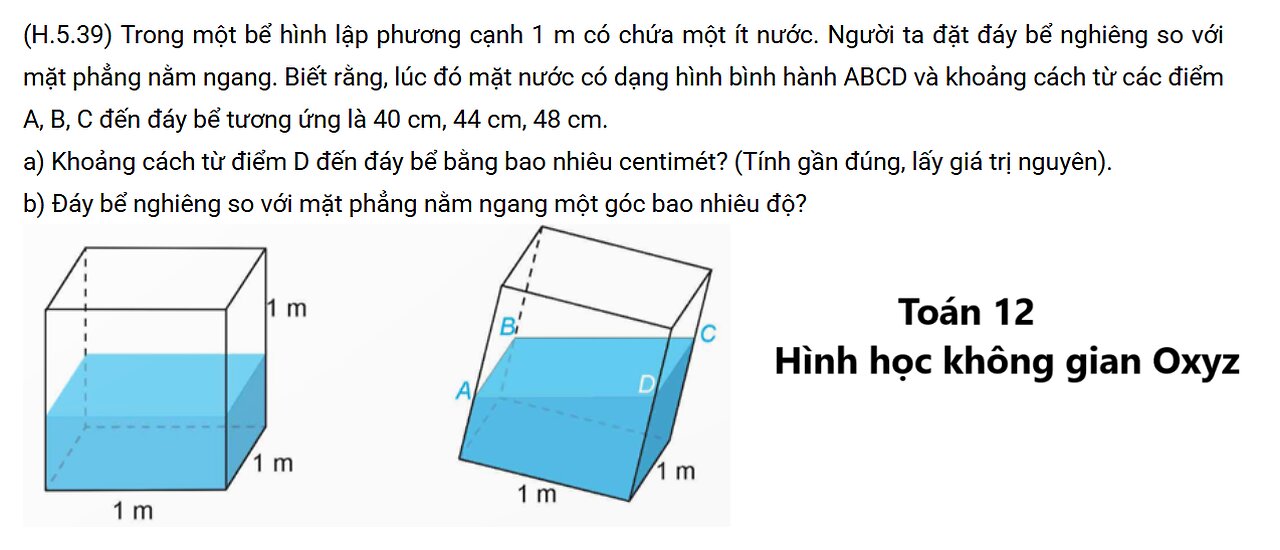 Trong một bể hình lập phương cạnh 1 m có chứa một ít nước. Người ta đặt đáy bể nghiêng