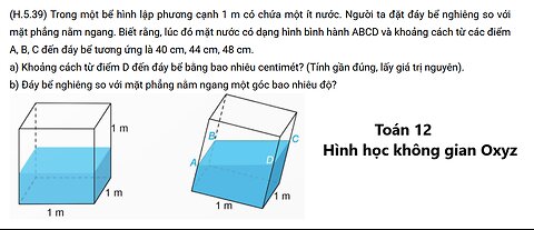 Trong một bể hình lập phương cạnh 1 m có chứa một ít nước. Người ta đặt đáy bể nghiêng