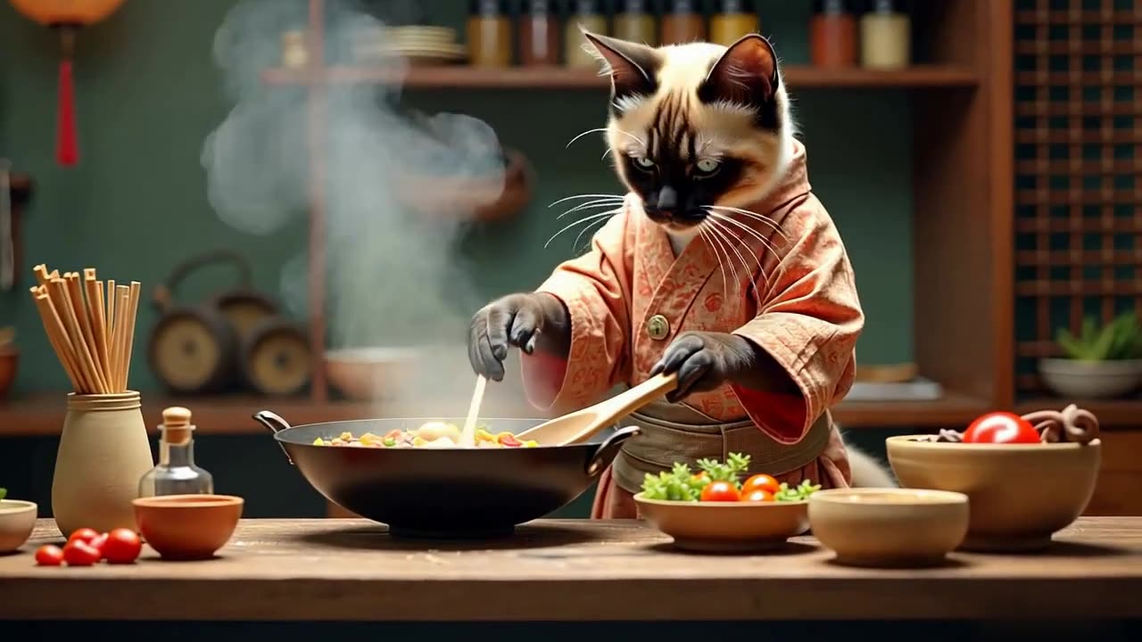 This white cat doesn’t just meow… it cooks like a pro! 😱🍽️