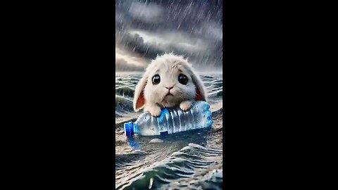 A little rabbit floting in the middle of a heavy rain..