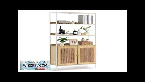 Rattan Bookshelf Ladder Shelf with 2 Doors Rectangle Storage Rack Natural Review