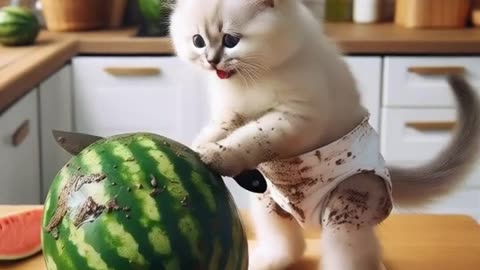 Kitten’s Watermelon Heist Ends with a Sweet Surprise for Dad! 🍉#shorts #funny #cute #cat #viral