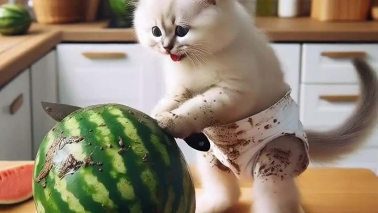 Kitten’s Watermelon Heist Ends with a Sweet Surprise for Dad! 🍉#shorts #funny #cute #cat #viral