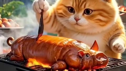 Evil cat cooks pig soup, eats, then hunts fish next!