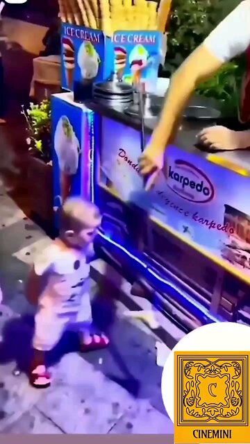 cute baby destroy a ice Cream Shop