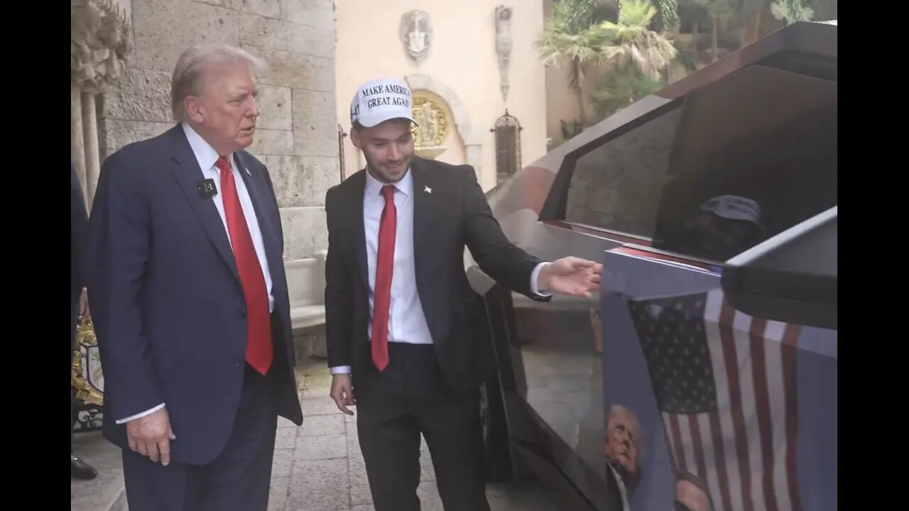 Adin Ross gifted Donald Trump a Tesla Cybertruck with a photo of him across the side of it