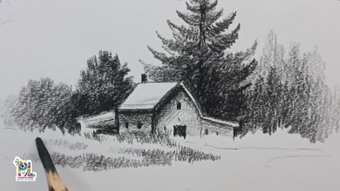 How to draw House in Nature Art with charcoal sketching and shading