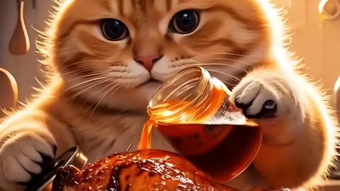 Cute cat steals chicken, then cooks