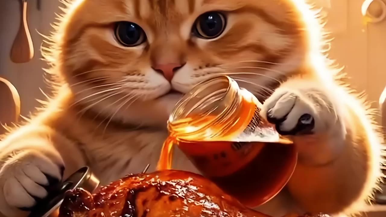 Cute cat steals chicken, then cooks