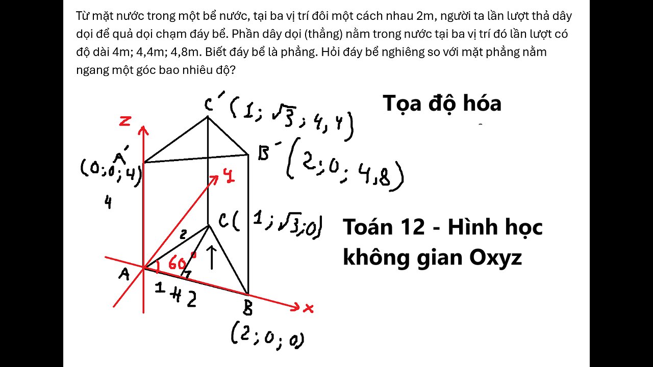 Toán 12: Từ mặt nước trong một bể nước, tại ba vị trí đôi một cách nhau 2m, người ta lần lượt thả