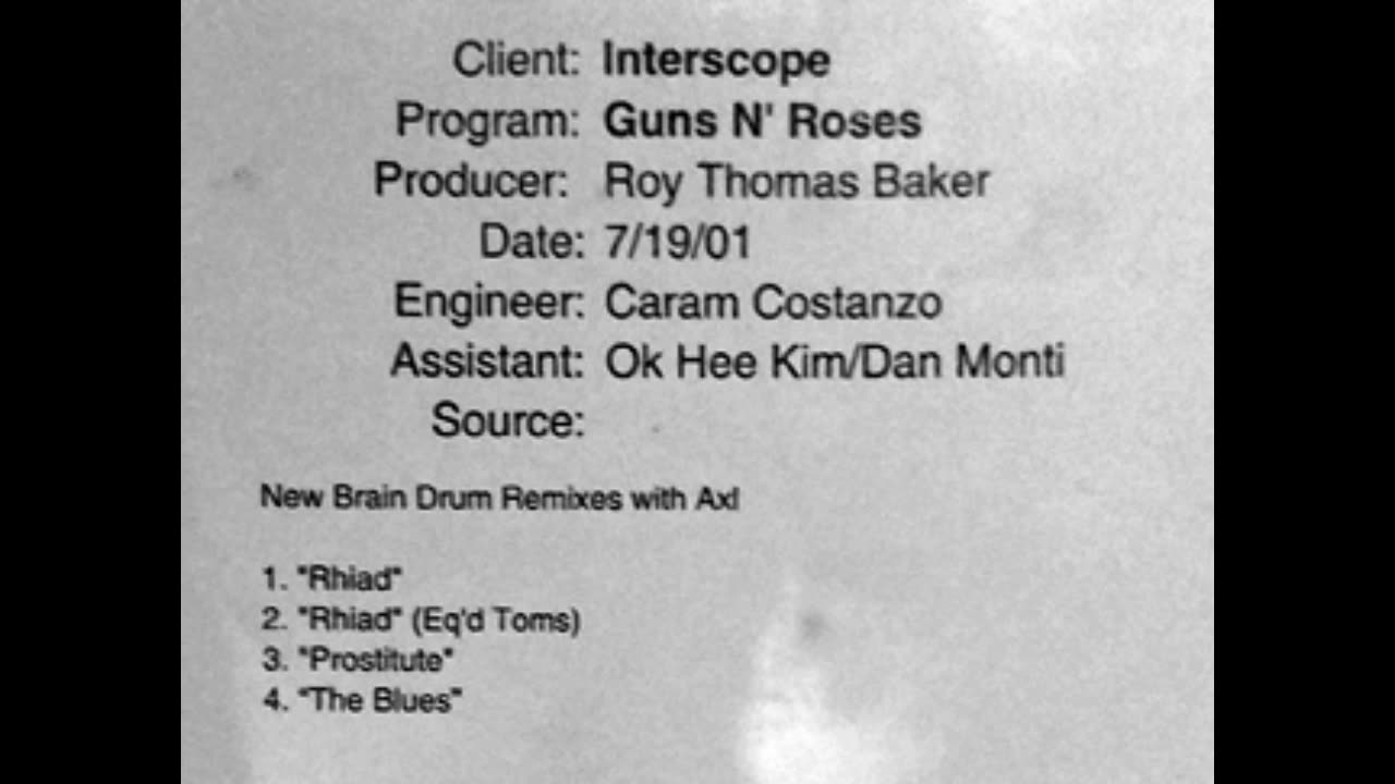 Guns N' Roses - The Village Sessions - Rough Mixes for Rhiad / Prostitute / The Blues
