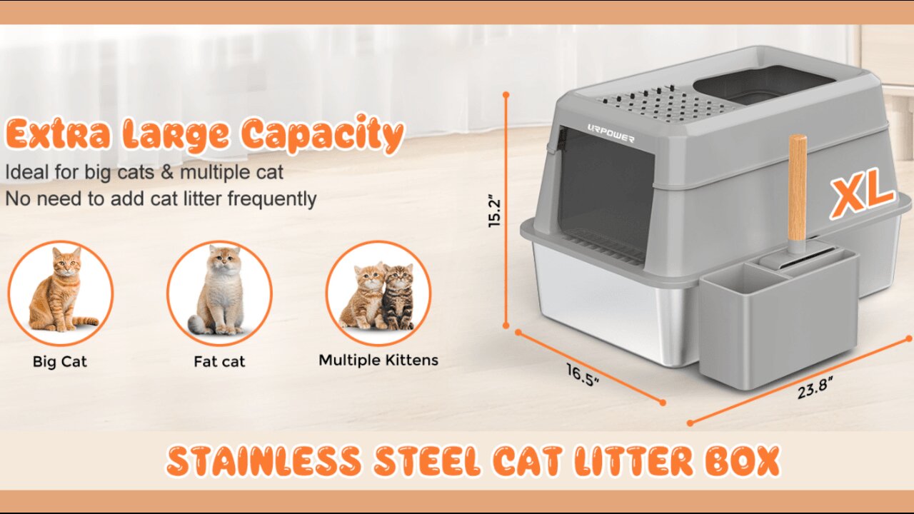 URPOWER Stainless Steel Cat Litter Box with Lid Extra Large Enclosed Litter Box