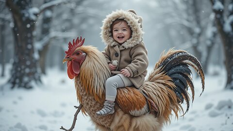 "Winter Wonderland: Baby's Joyful Ride on a Giant Rooster!"