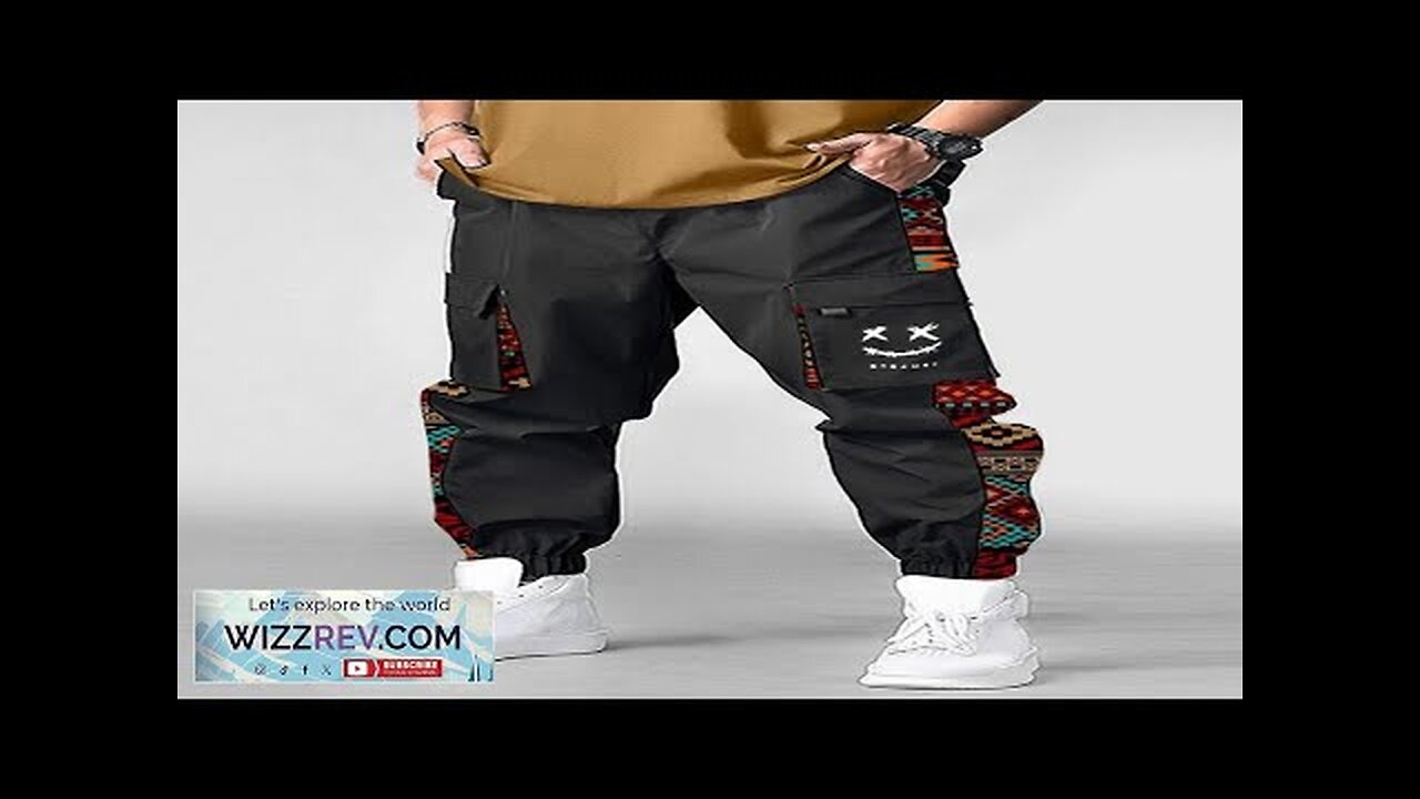 Mens Smile Ethnic Geometric Print Patchwork Flap Pocket Cargo Pants Black Review