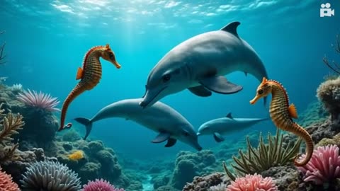 "Beneath the Waves: A Dance of Seahorses and Dolphins"