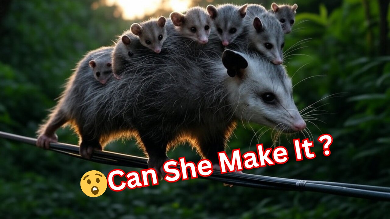 Mother Possum Has Great Balance, Carries 7 Children Across A Wire