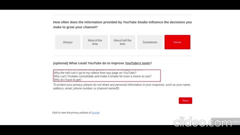 Filling out a YouTube survey online