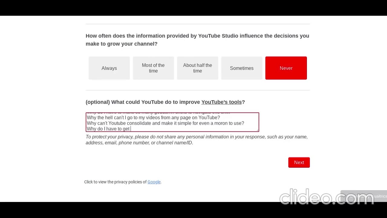 Filling out a YouTube survey online