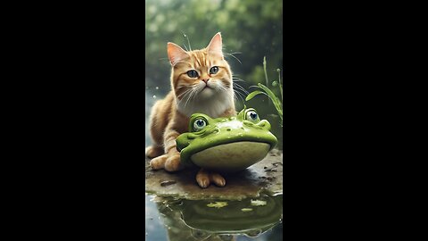 Cat playing with frog