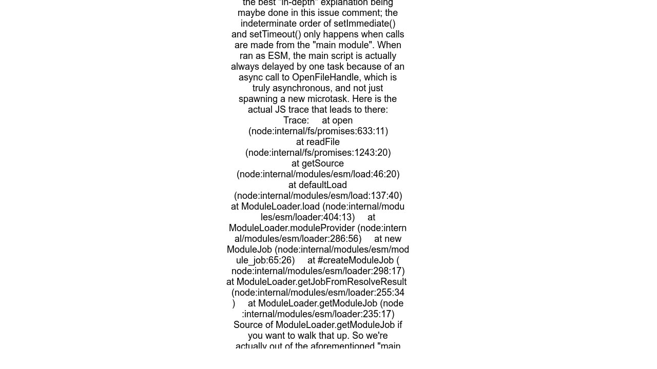 Precedence of setImmediate() and setTimeout() callbacks in CommonJS vs ESM