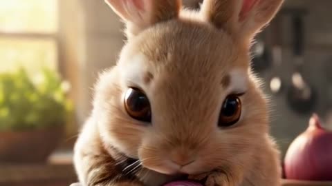 The bunny is holding a sharp knife with its tiny paws, carefully cutting an onion