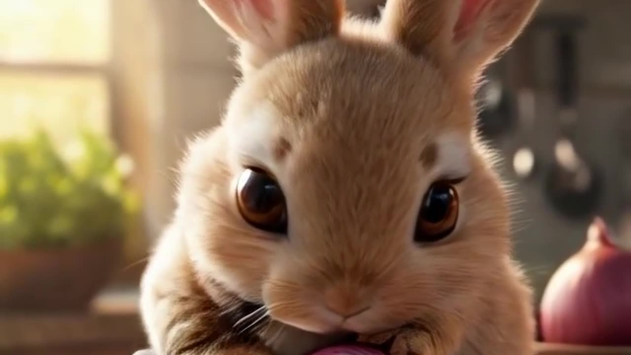 The bunny is holding a sharp knife with its tiny paws, carefully cutting an onion