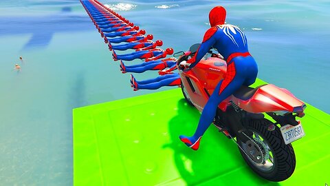 Superheroes on a motorcycle ride over the sea along the Spider-Man Bridge GTA 5