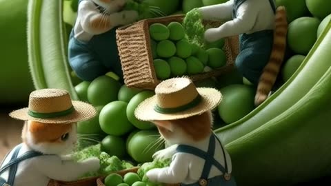 Whimsical and highly detailed fantasy scene - harvesting giant green peas