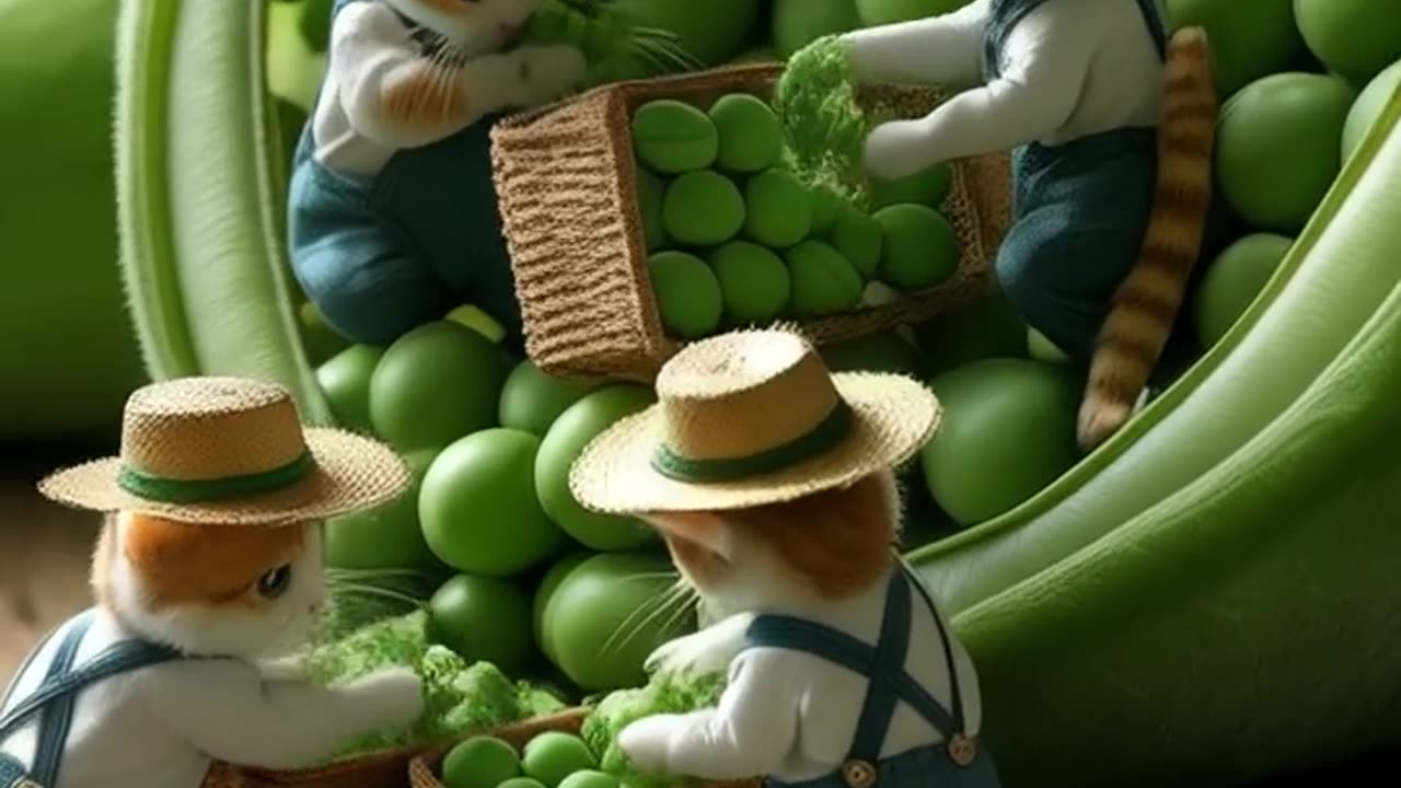 Whimsical and highly detailed fantasy scene - harvesting giant green peas