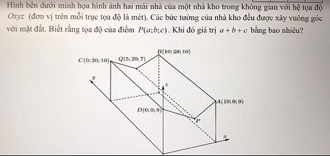 Toán 12: Hình bên dưới minh họa hình ảnh hai mái nhà của một nhà kho trong không gian với hệ tọa độ