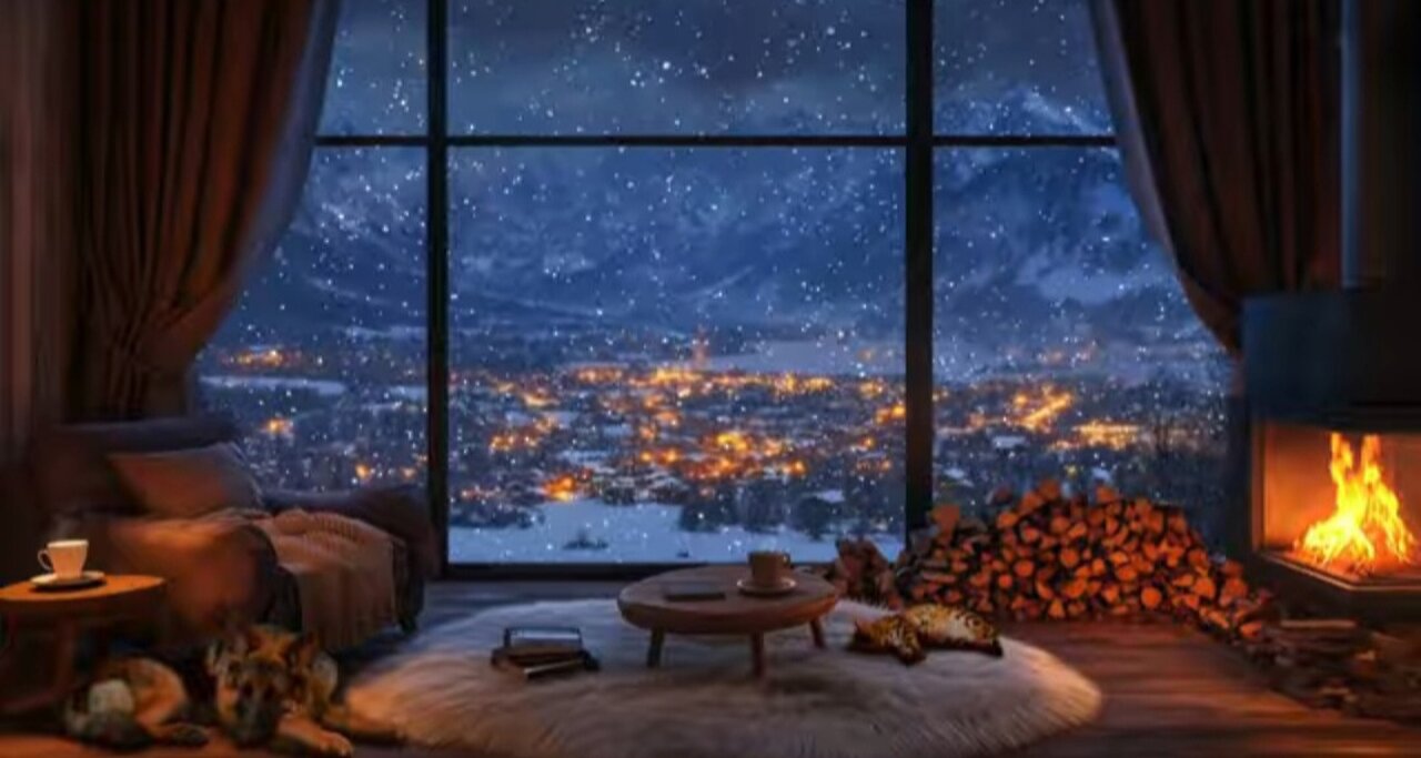 Winter Cabin Ambiance with Snowfall and Fireplace | Atmospheric Hum and Crackling Fire